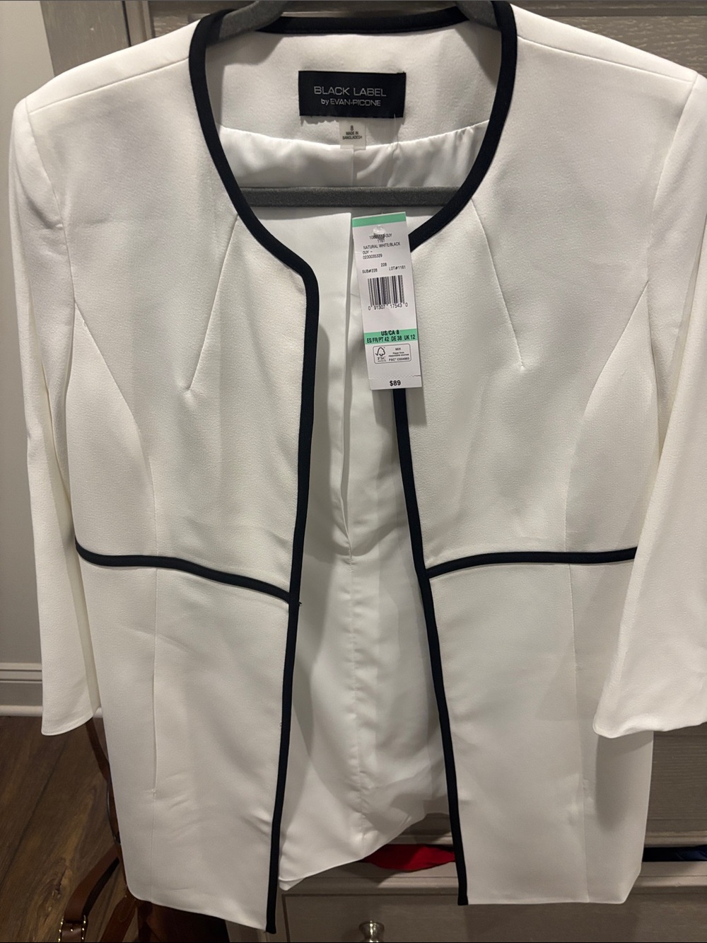 Black Label by Evan-Picone White Open Blazer with Black Trim